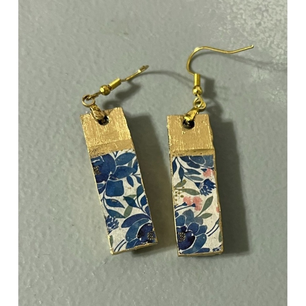 Handmade Mosaic Glass Tile Cobalt Blue Teal Gold Dangle‎ Earrings Artisan Boho - Picture 3 of 5
